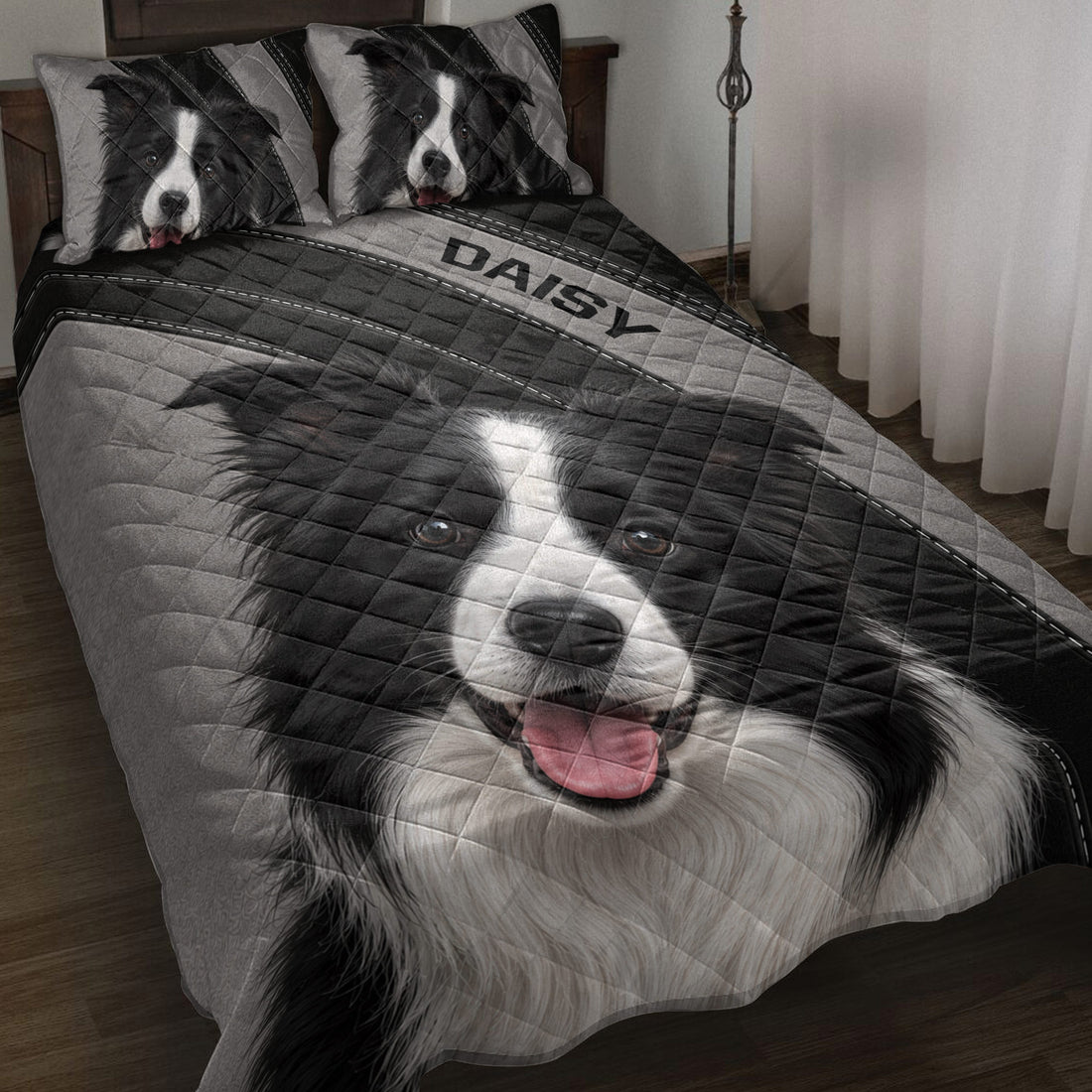 Border Collie quilt blanket displayed on a bed with matching dog portrait pillows