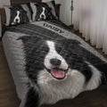 Border Collie quilt blanket displayed on a bed with matching dog portrait pillows