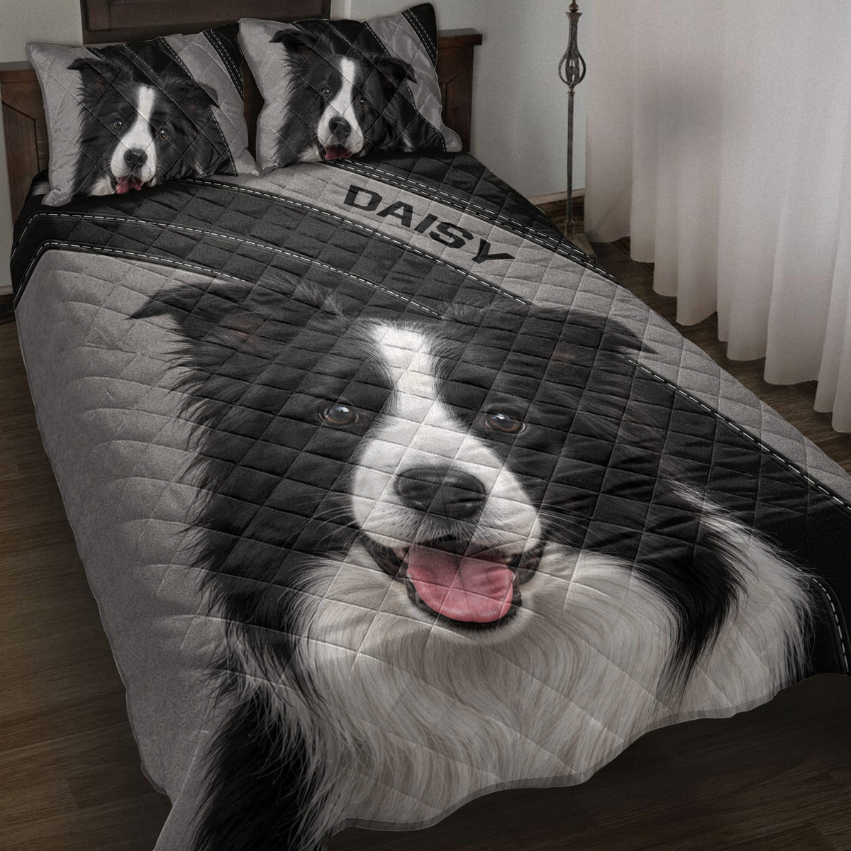 Border Collie quilt blanket displayed on a bed with matching dog portrait pillows