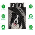 Border Collie quilt bedding set with black and gray dog artwork and feature icons