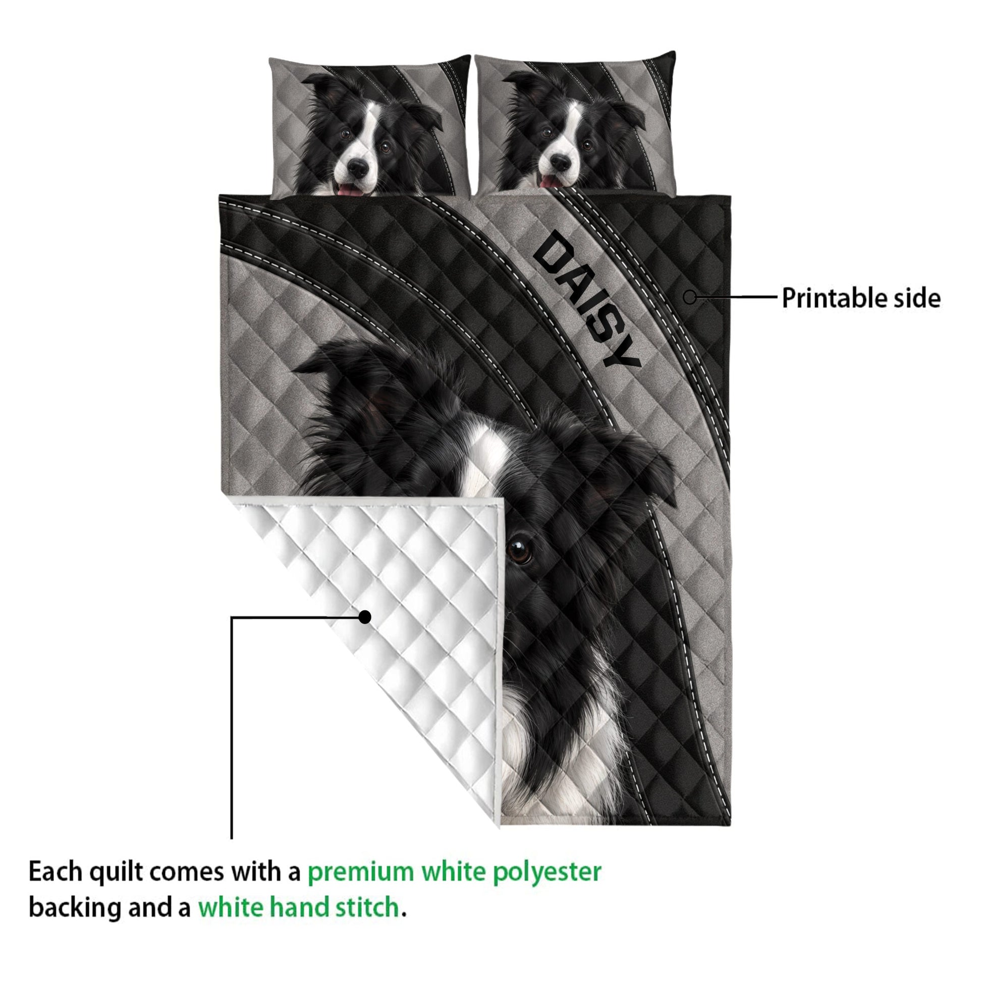 Border Collie quilt showing the printed front and white diamond-stitched reverse