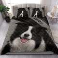 Border Collie quilt blanket styled in a bright bedroom with coordinating dog portrait pillows