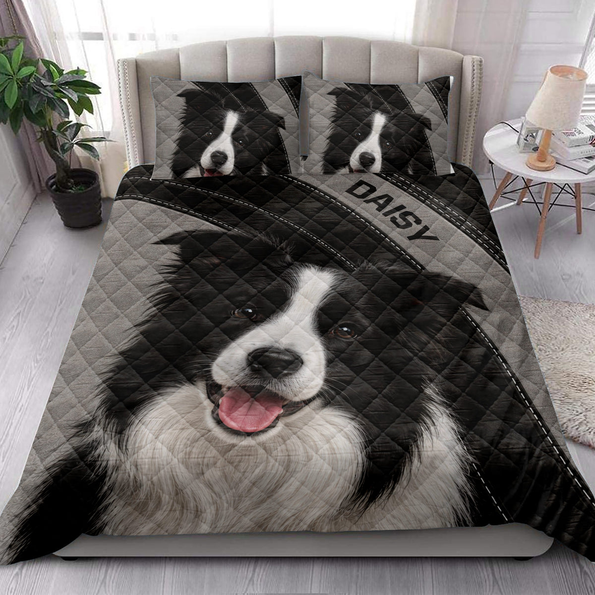 Border Collie quilt blanket styled in a bright bedroom with coordinating dog portrait pillows