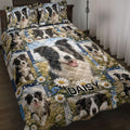 Border Collie quilt blanket displayed on a bed with daisy fields and repeated dog portraits