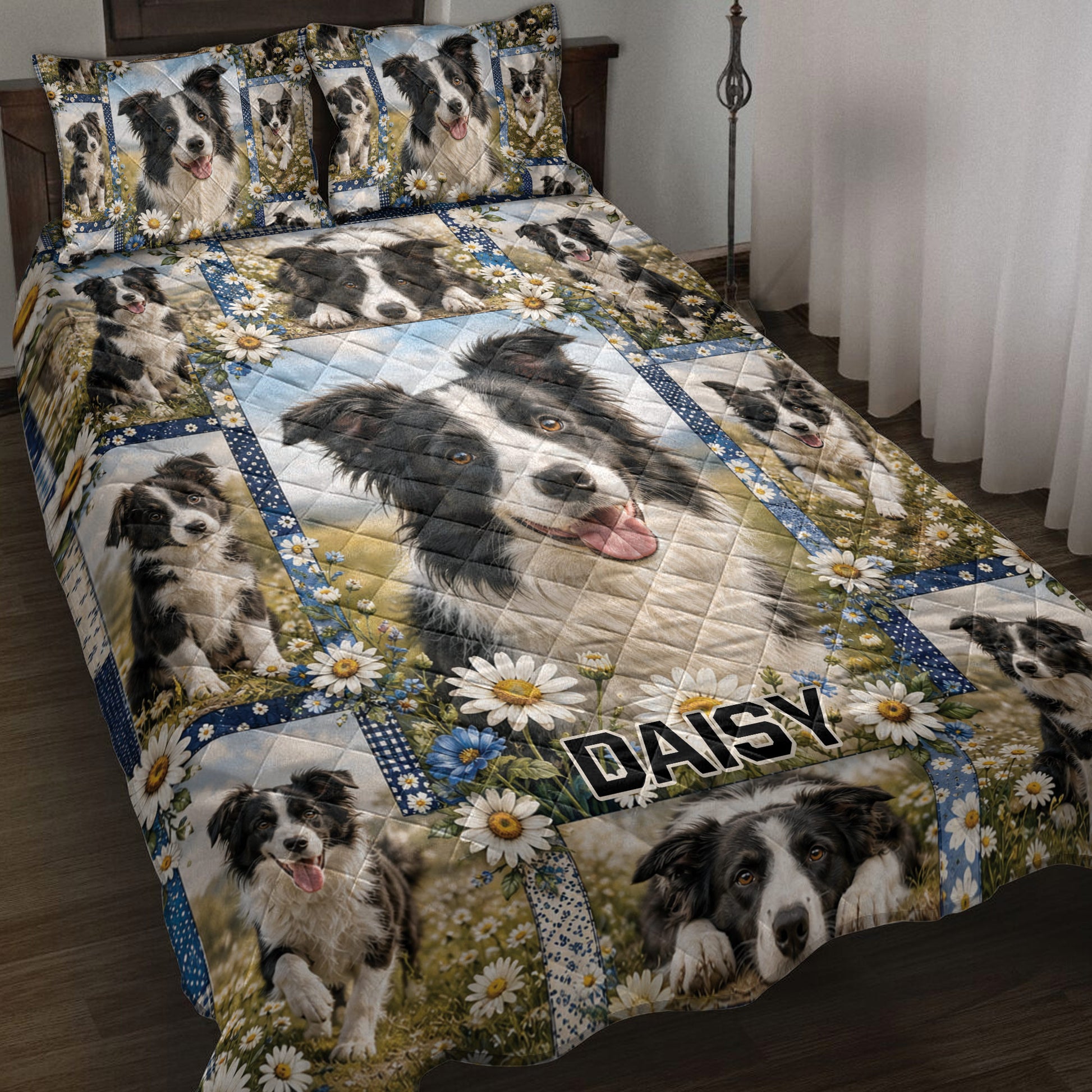 Border Collie quilt blanket displayed on a bed with daisy fields and repeated dog portraits