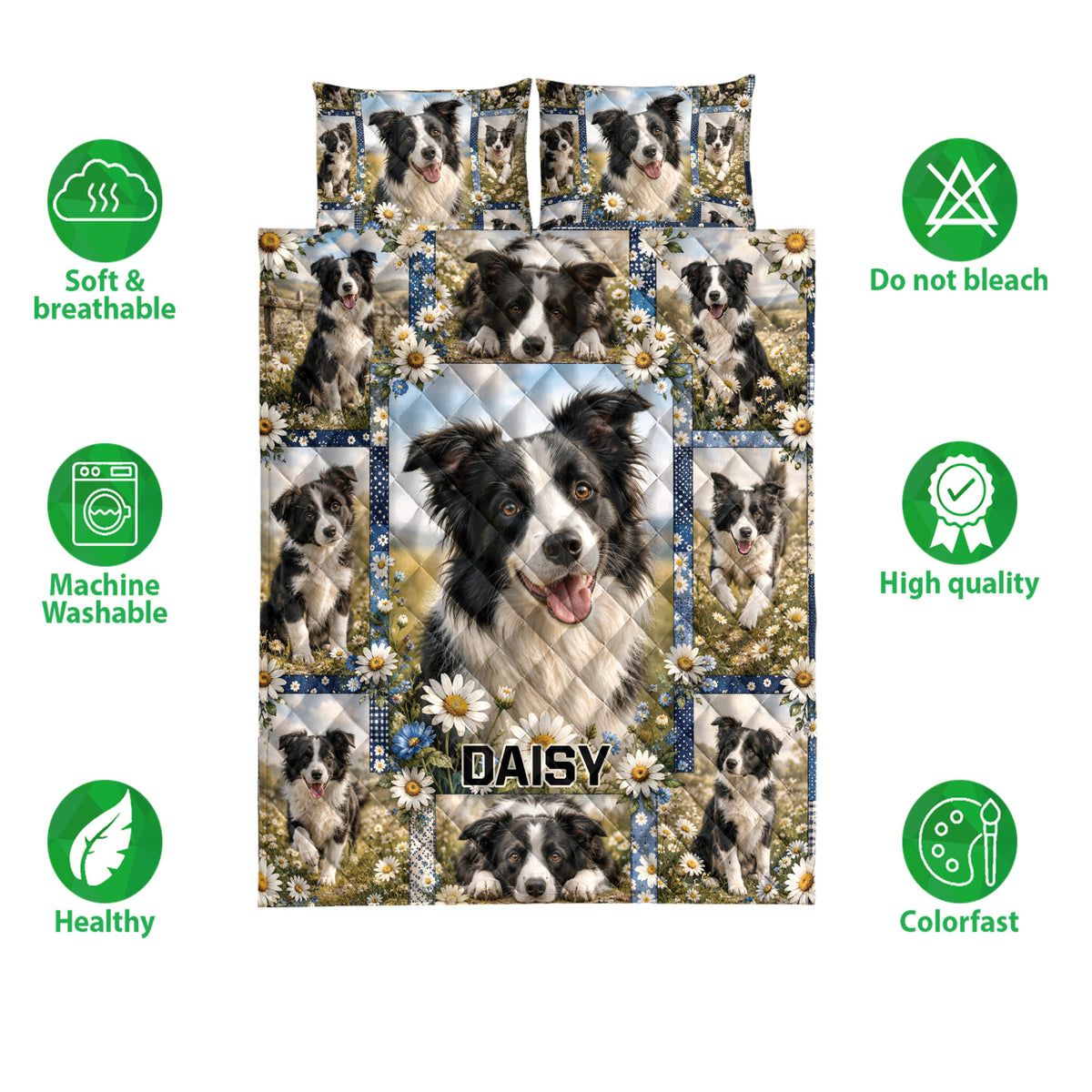 Border Collie quilt bedding set with floral panels, repeated dog portraits, and matching pillow designs