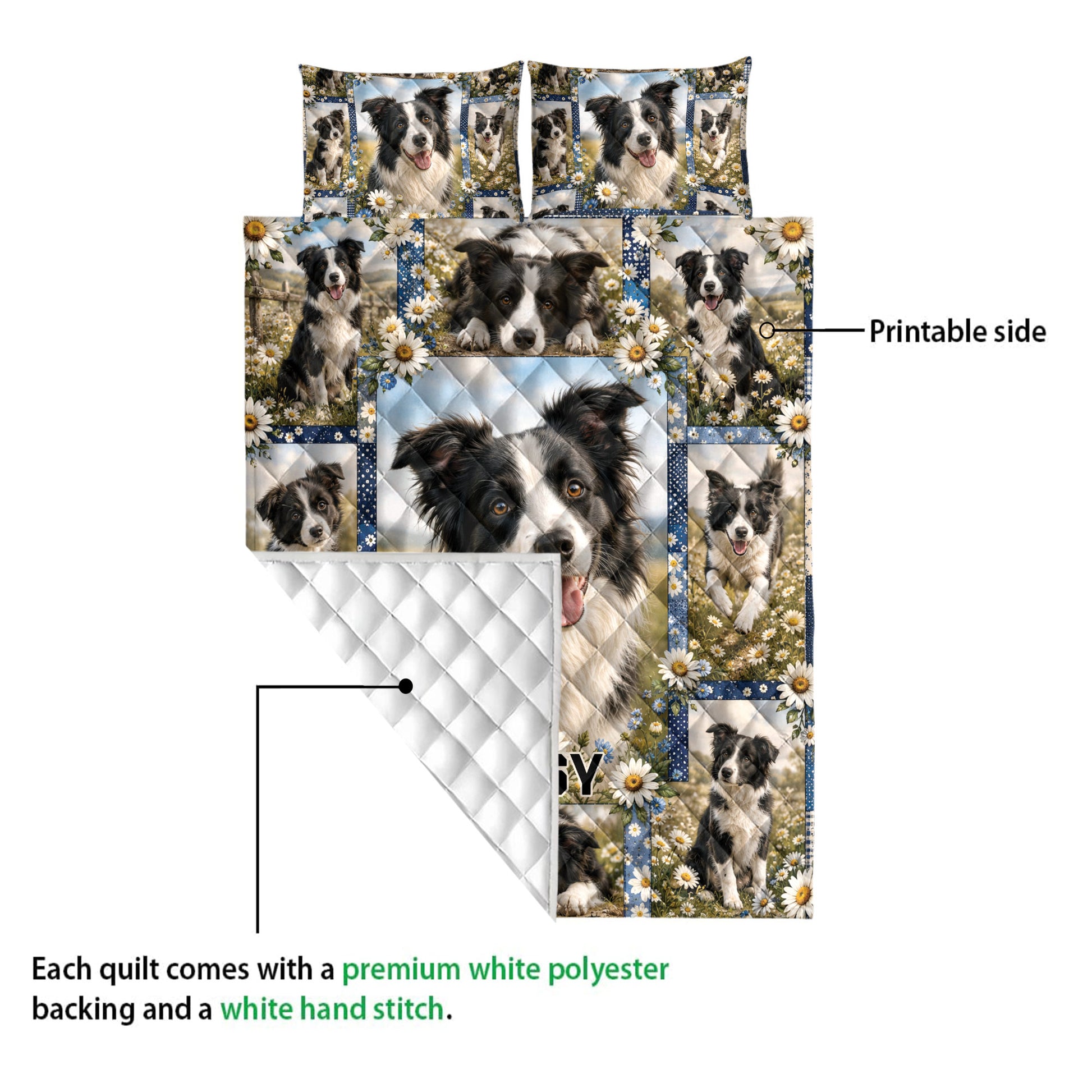 Border Collie quilt showing the printed floral dog artwork and white quilted backing