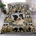 Border Collie quilt blanket styled in a bright bedroom with daisy and countryside artwork
