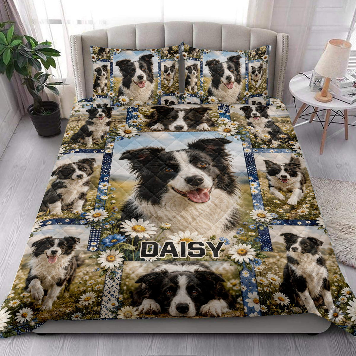 Border Collie quilt blanket styled in a bright bedroom with daisy and countryside artwork
