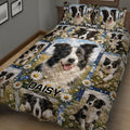 Close bedroom view of a Border Collie quilt blanket with large dog portraits and floral borders