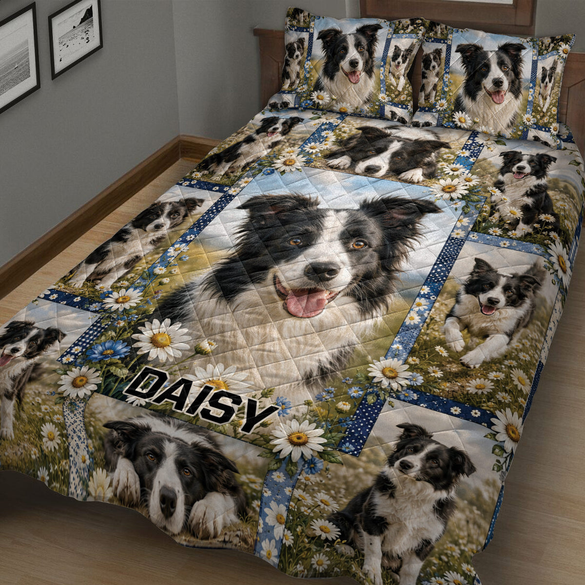 Close bedroom view of a Border Collie quilt blanket with large dog portraits and floral borders