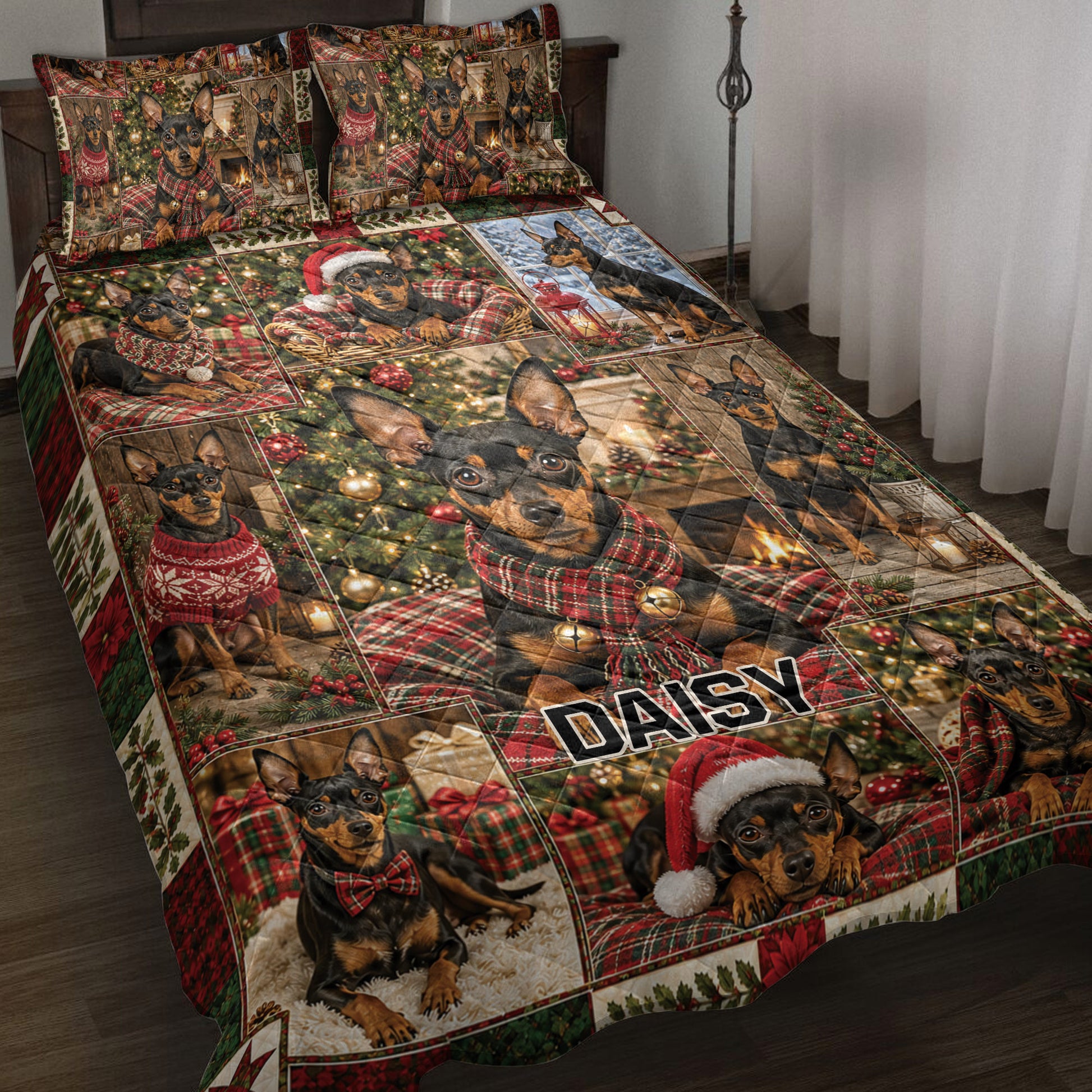 Miniature Pinscher Christmas quilt blanket displayed across a bed with festive dogs, scarves, ornaments, and holiday greenery