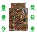 Miniature Pinscher Christmas quilt blanket and pillow design shown with soft breathable and machine washable feature icons