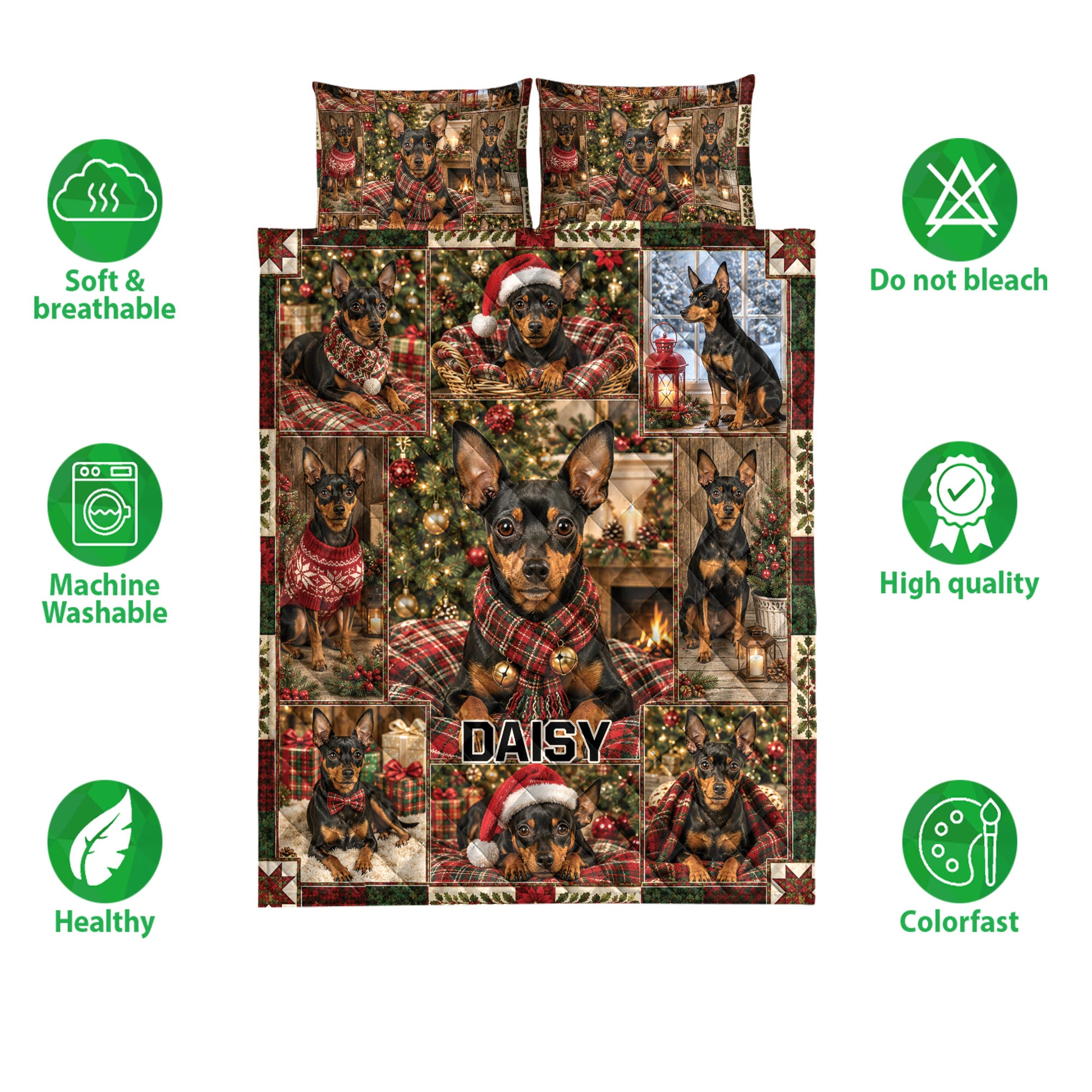 Miniature Pinscher Christmas quilt blanket and pillow design shown with soft breathable and machine washable feature icons