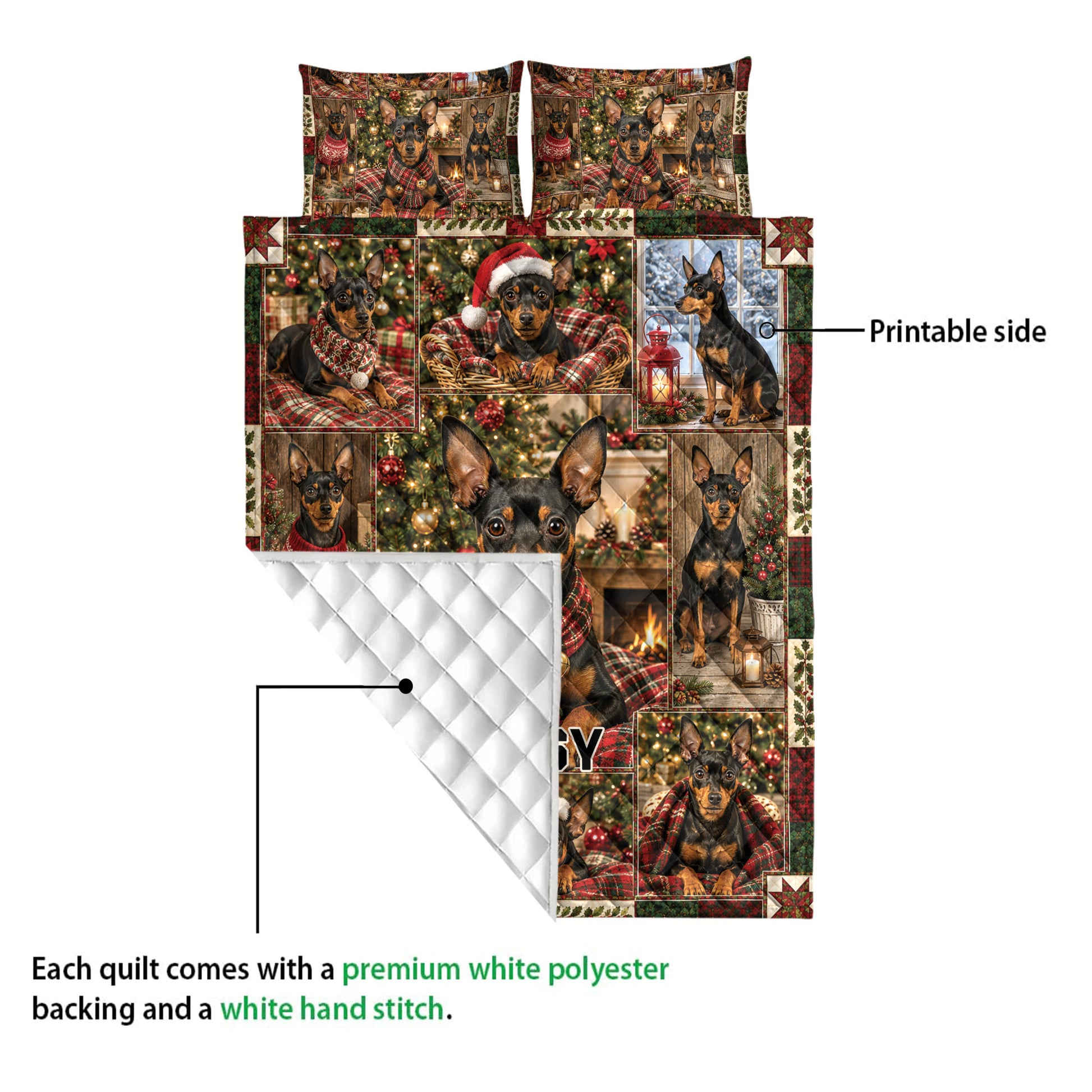 Miniature Pinscher Christmas quilt blanket showing the printed front and white quilted reverse