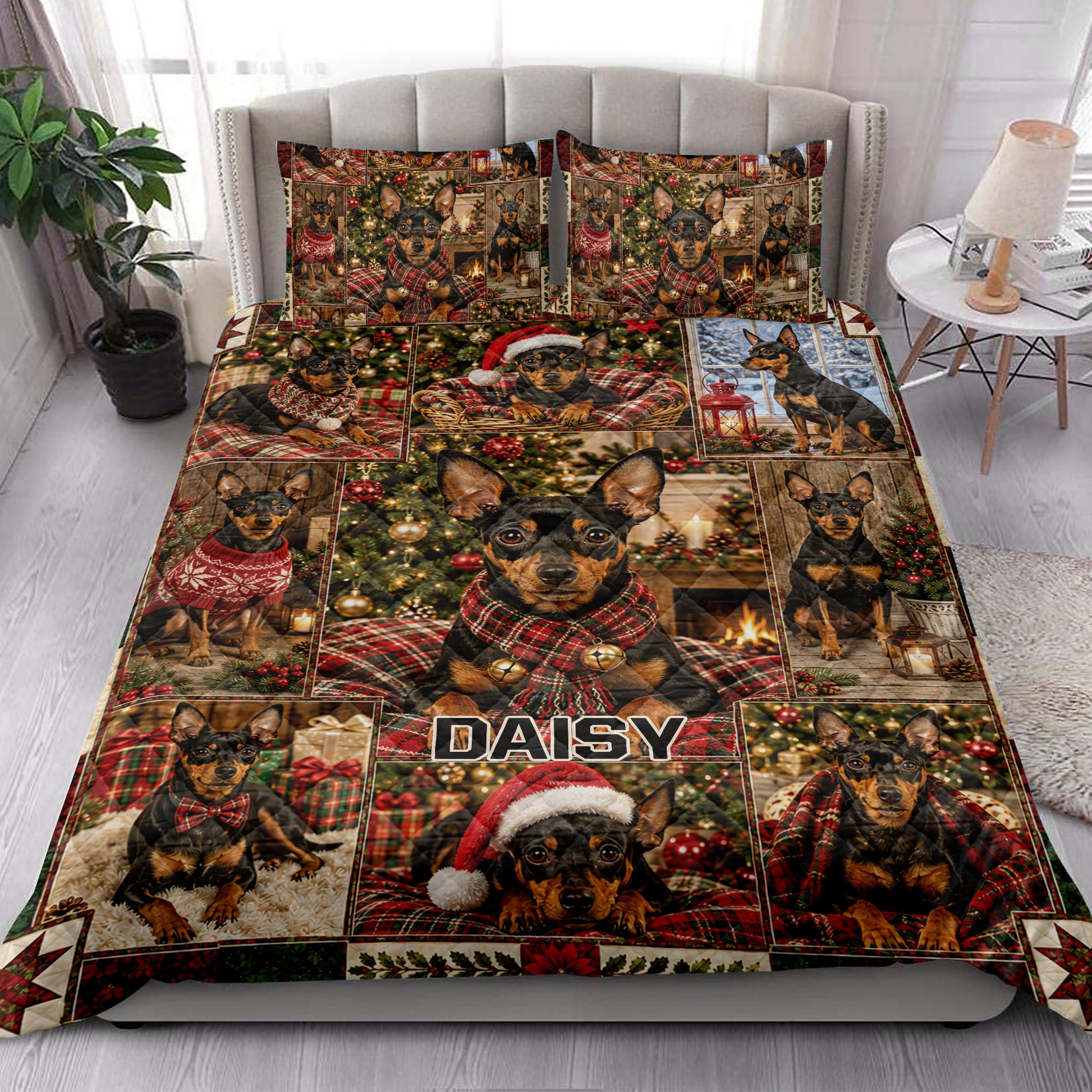 Miniature Pinscher Christmas quilt bedding set styled on a bed with festive dog portraits and holiday decor