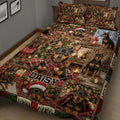 Close bedroom view of a Miniature Pinscher Christmas quilt blanket featuring scarves, Santa hats, gifts, and Christmas trees