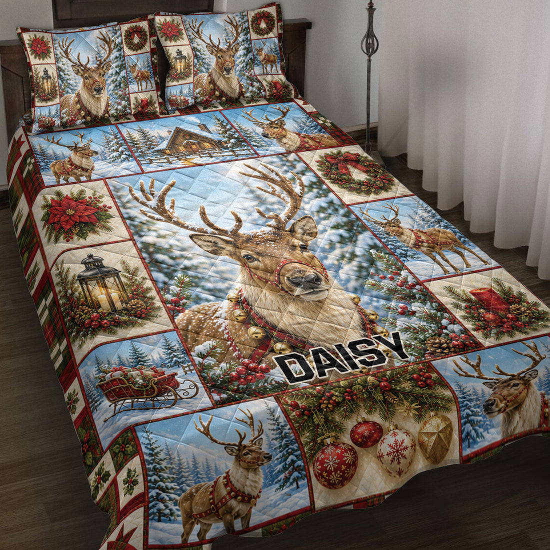Christmas deer quilt blanket displayed on a bed with snowy forest scenes, wreaths, lanterns, and holiday accents
