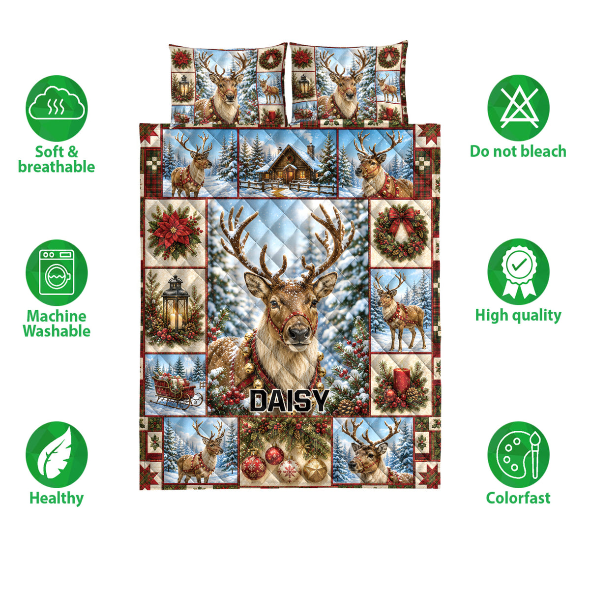 Christmas deer quilt bedding set shown with feature icons highlighting a soft, breathable and colorful design