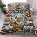 Christmas deer quilt blanket styled across a bedroom with matching deer-themed bed accents