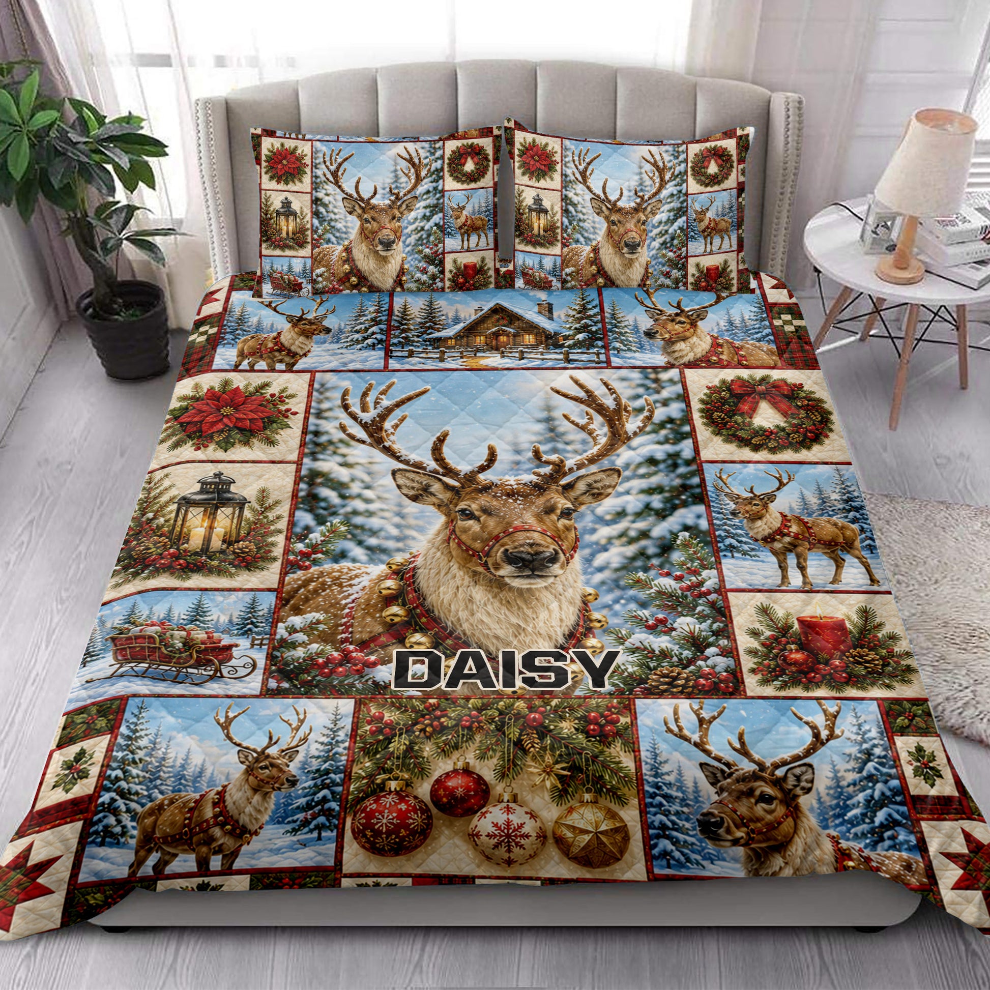 Christmas deer quilt blanket styled across a bedroom with matching deer-themed bed accents
