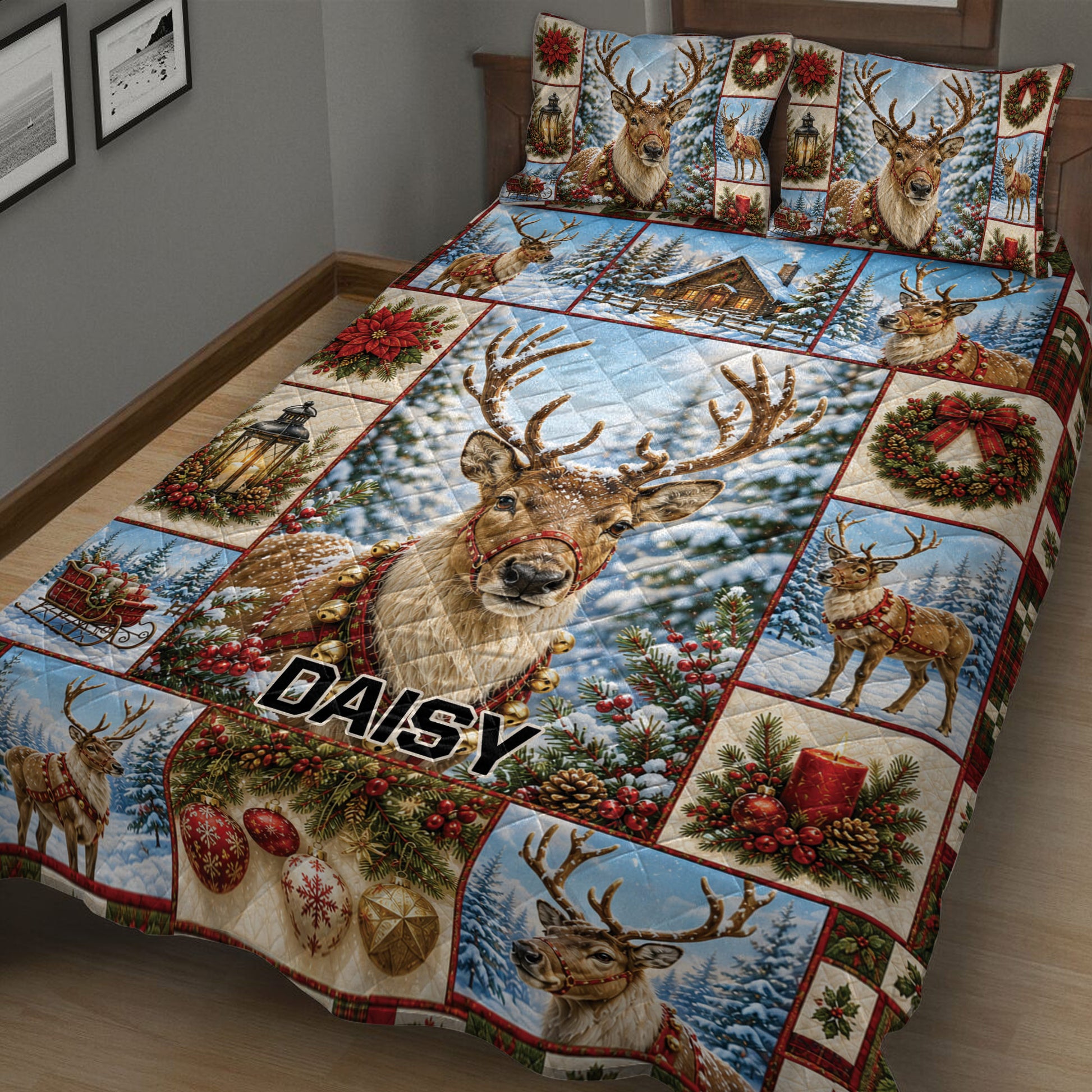 Close-up Christmas deer quilt blanket featuring reindeer, snowy trees, wreaths, berries, and holiday ornaments