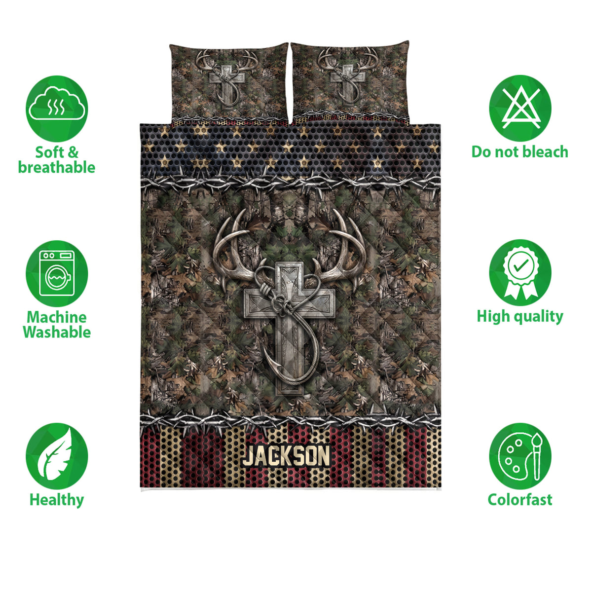 Hunting quilt bedding set shown flat with camouflage antlers, star-patterned trim, and product feature icons