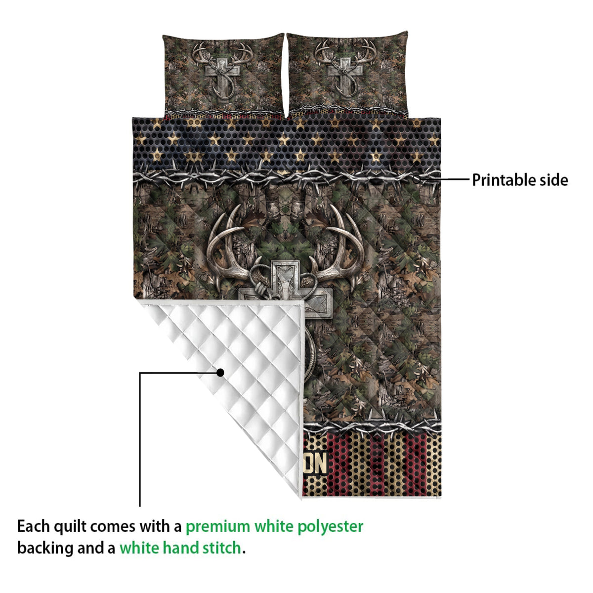 Hunting quilt showing the printed camouflage antler design and white quilted backing