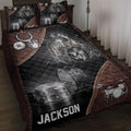 Drum quilt bedding set displayed on a bed with black and brown percussion artwork