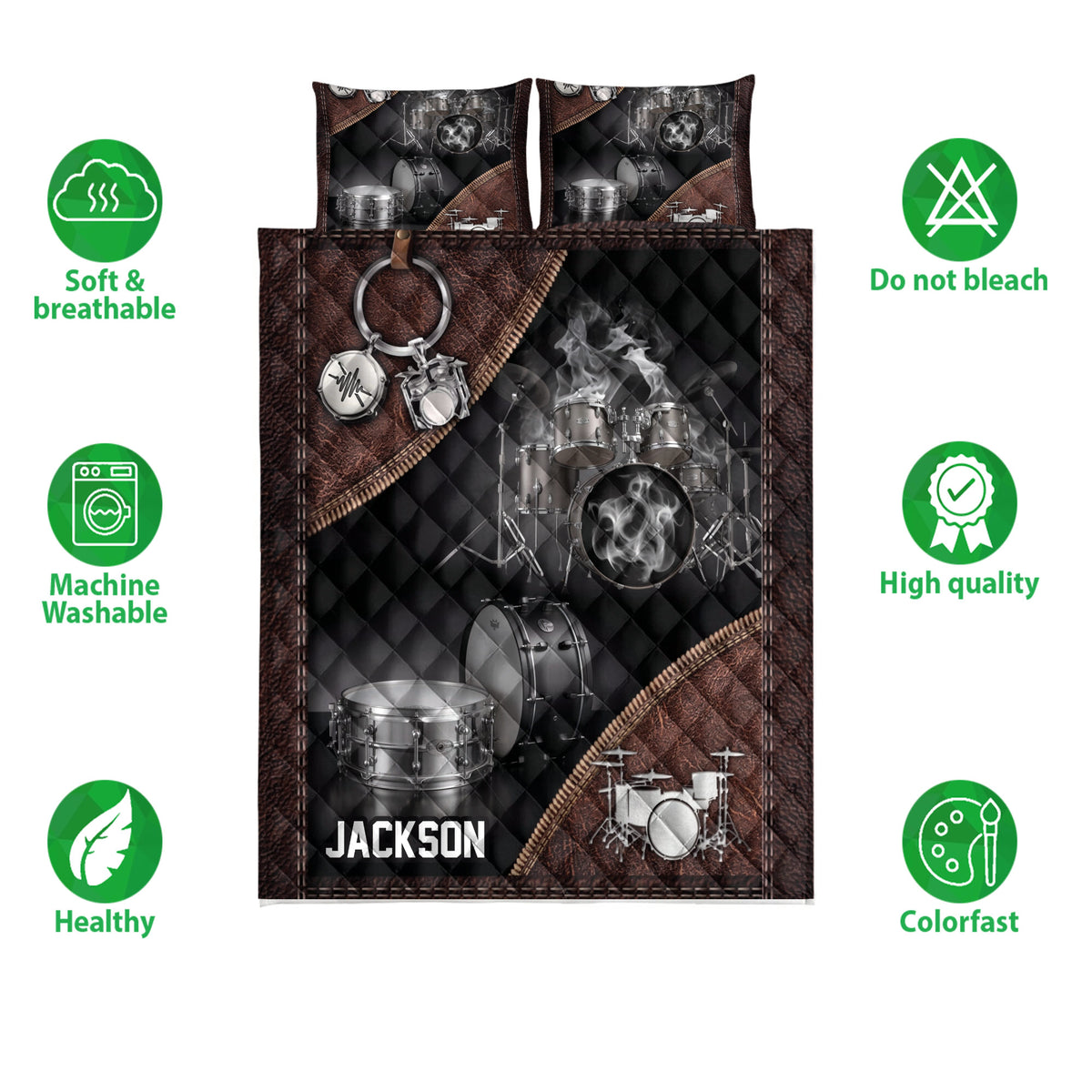 Drum quilt bedding set with matching percussion-themed pillowcases and care feature icons