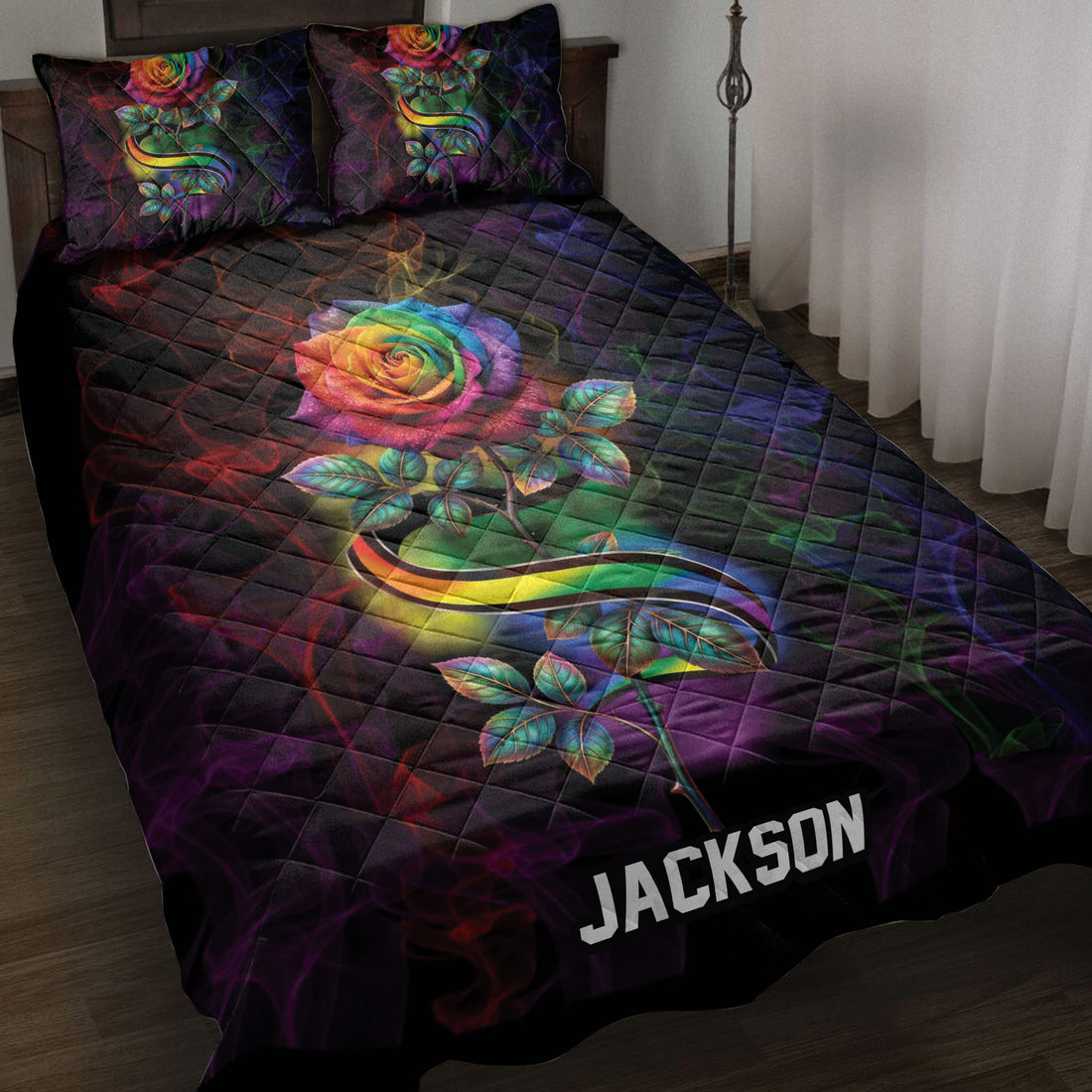 LGBT rainbow rose quilt blanket displayed on a bed with vivid multicolor floral artwork