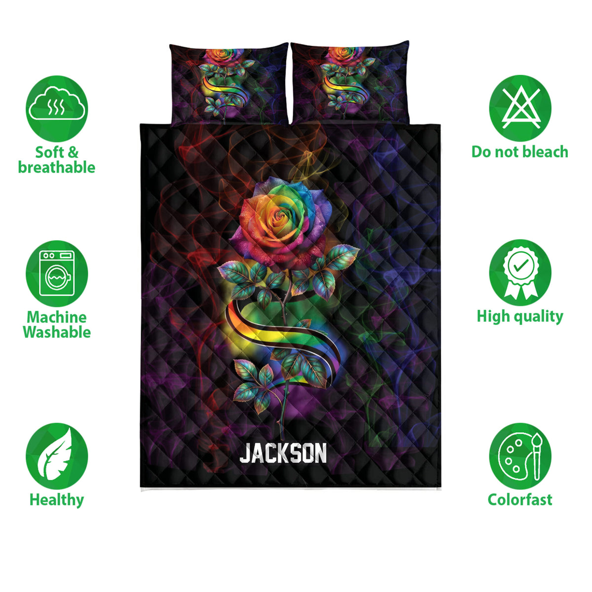 LGBT rainbow rose quilt bedding set shown with vibrant floral artwork and product feature icons