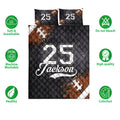 Football quilt bedding set displayed with dark sports artwork and product feature icons