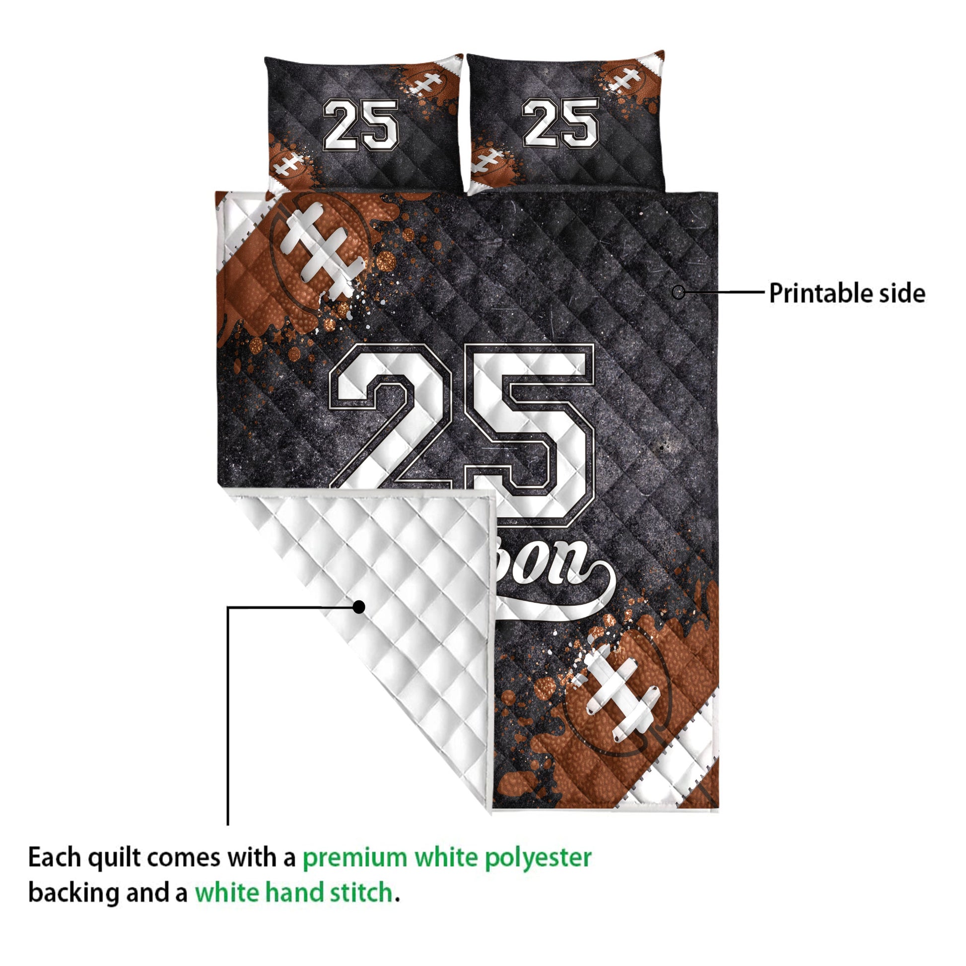 Football quilt showing the printed front and white quilted backing detail