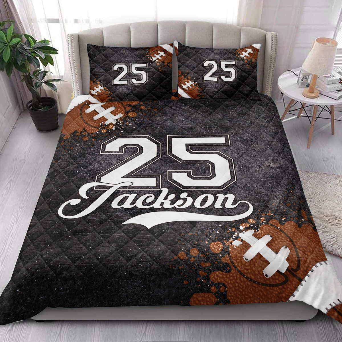 Football-themed quilt blanket styled in a bright bedroom with bold sports graphics