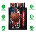 Basketball quilt bedding set displayed with matching basketball artwork and product feature icons