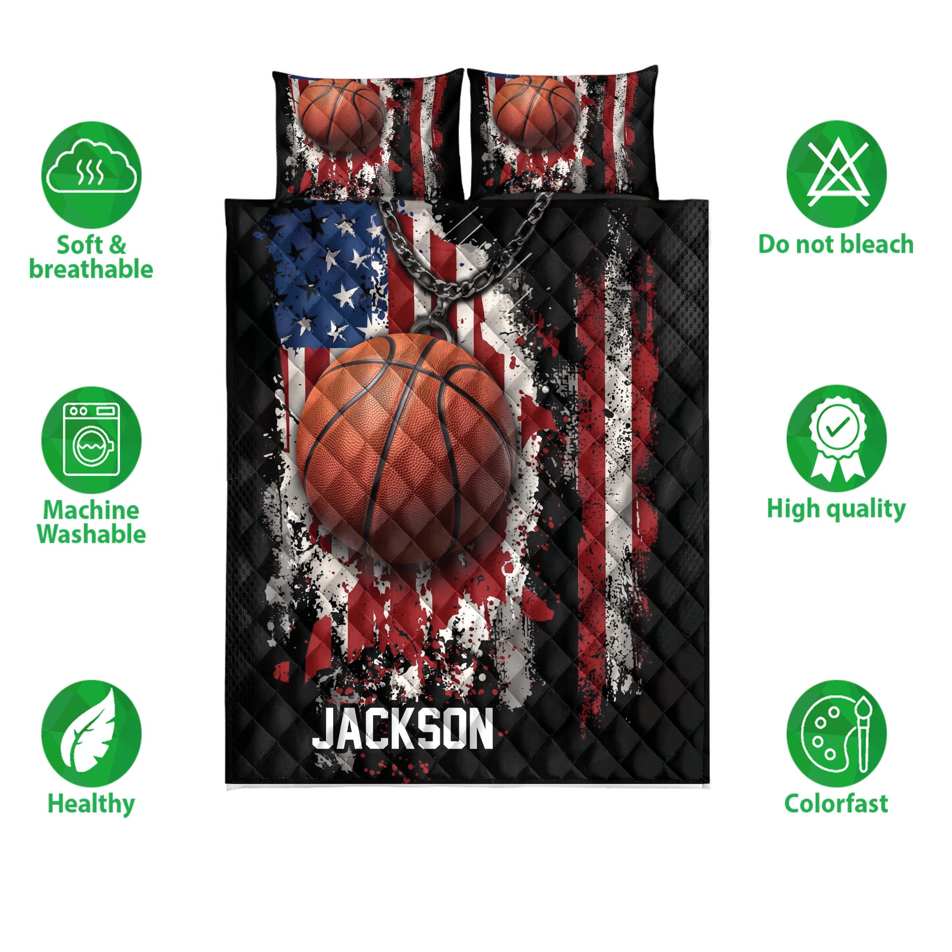 Basketball quilt bedding set displayed with matching basketball artwork and product feature icons