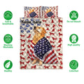 Golden Retriever quilt bedding set with patriotic flag artwork, paw prints, and product feature icons
