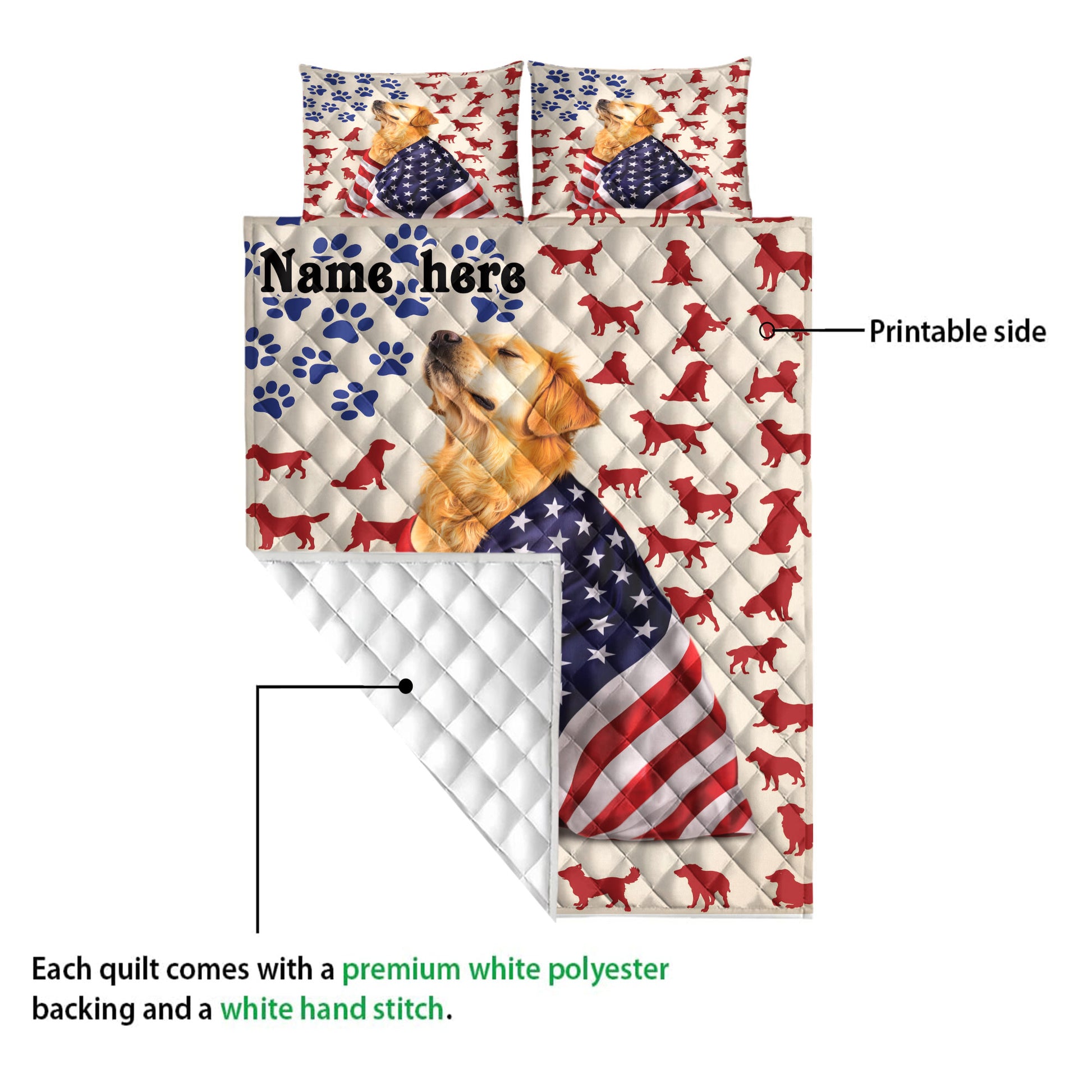 Golden Retriever quilt showing patriotic artwork, red dog silhouettes, paw prints, and a white quilted backing