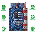 Police quilt bedding set shown flat with patriotic shield artwork, stars, blue lightning, and red and white borders
