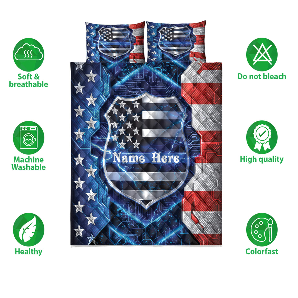 Police quilt bedding set shown flat with patriotic shield artwork, stars, blue lightning, and red and white borders