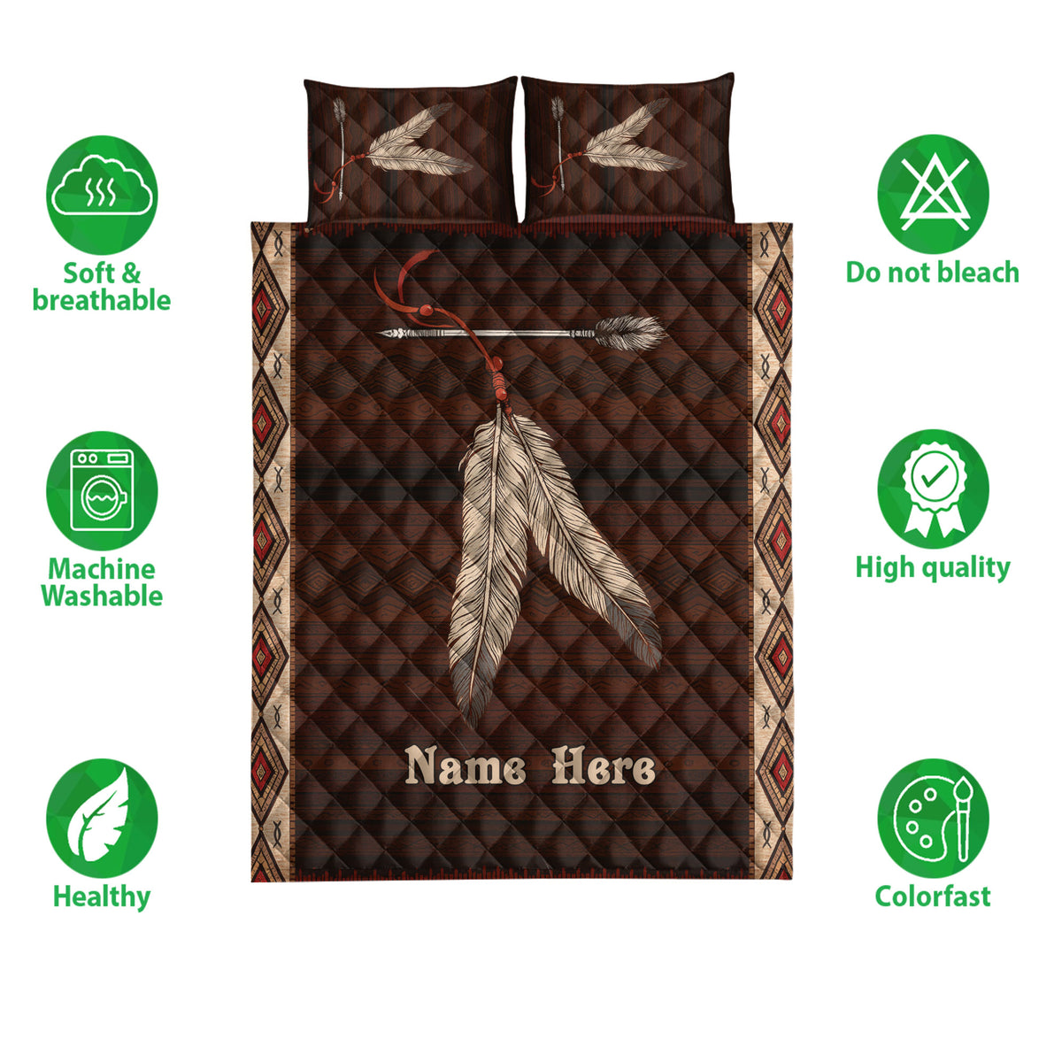 American Native feather quilt bedding set shown with soft breathable and machine washable feature icons
