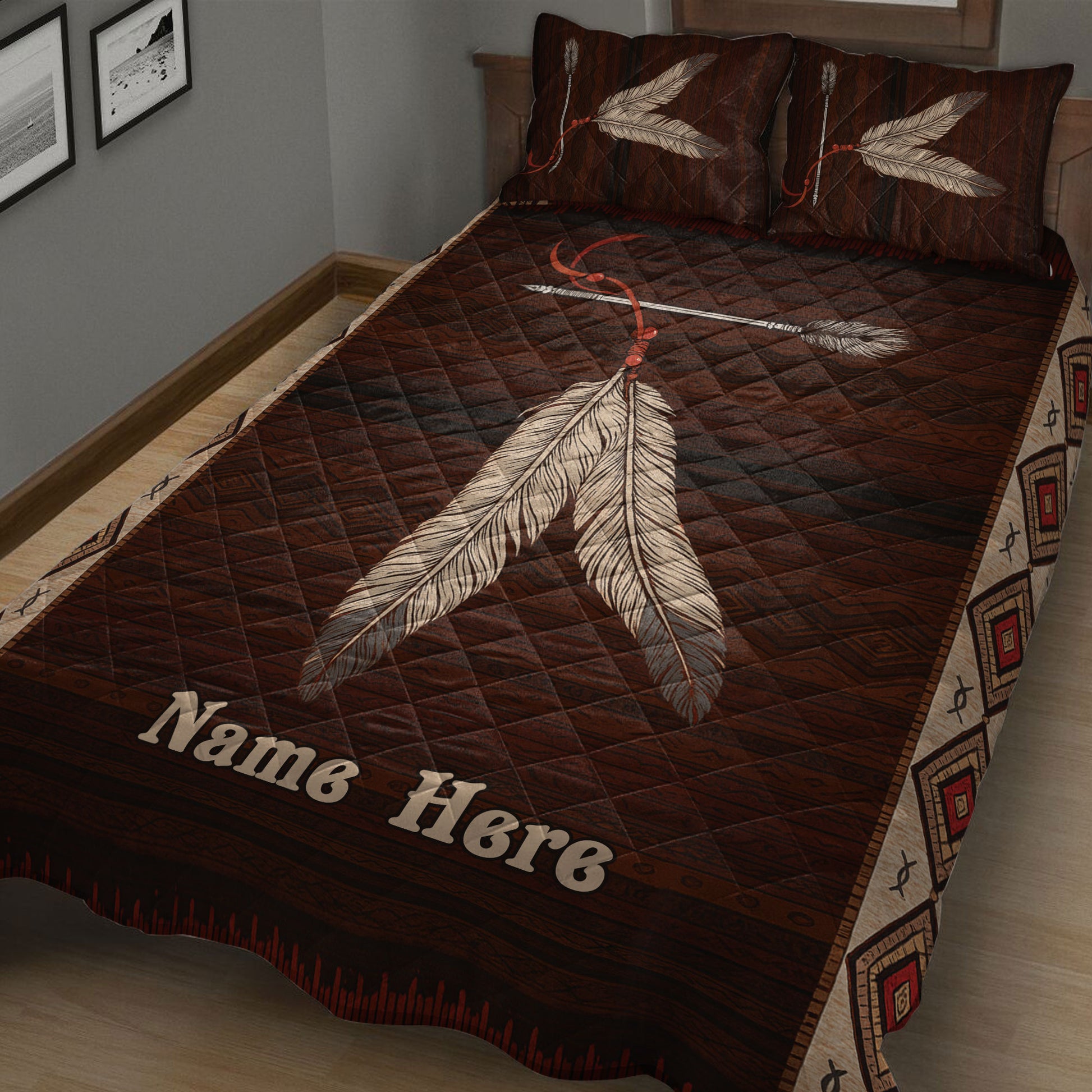 Close bedroom view of an American Native feather quilt blanket with brown geometric pattern