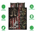 Veteran quilt bedding set showing military boots, dog tags, camouflage and patriotic artwork in a full layout