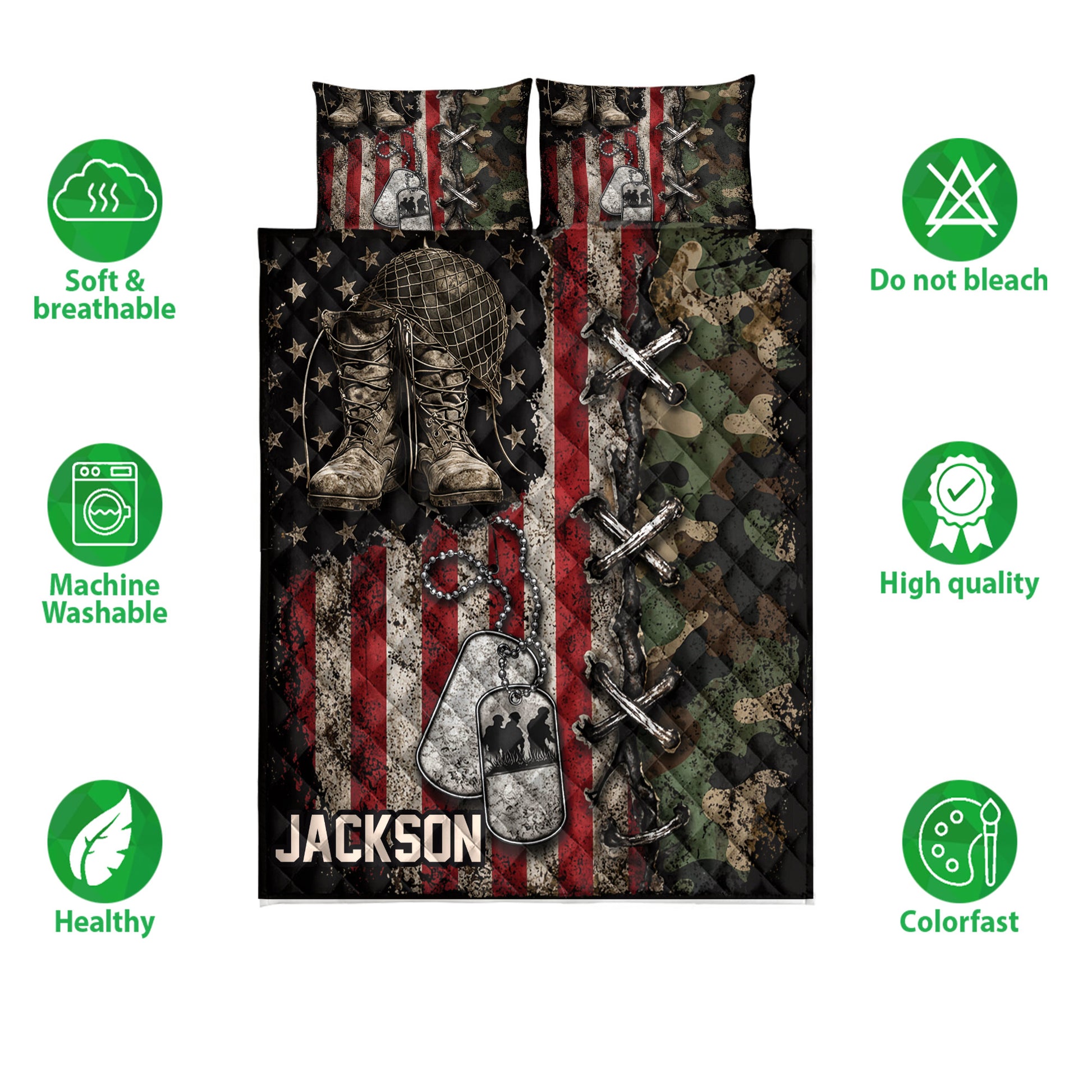 Veteran quilt bedding set showing military boots, dog tags, camouflage and patriotic artwork in a full layout
