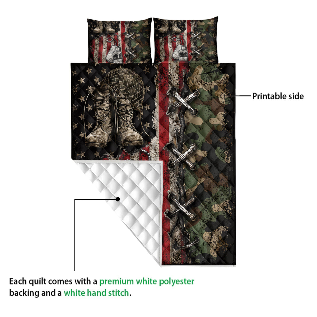 Close view of veteran quilt showing printed camouflage artwork, military boots, dog tags and white quilt backing