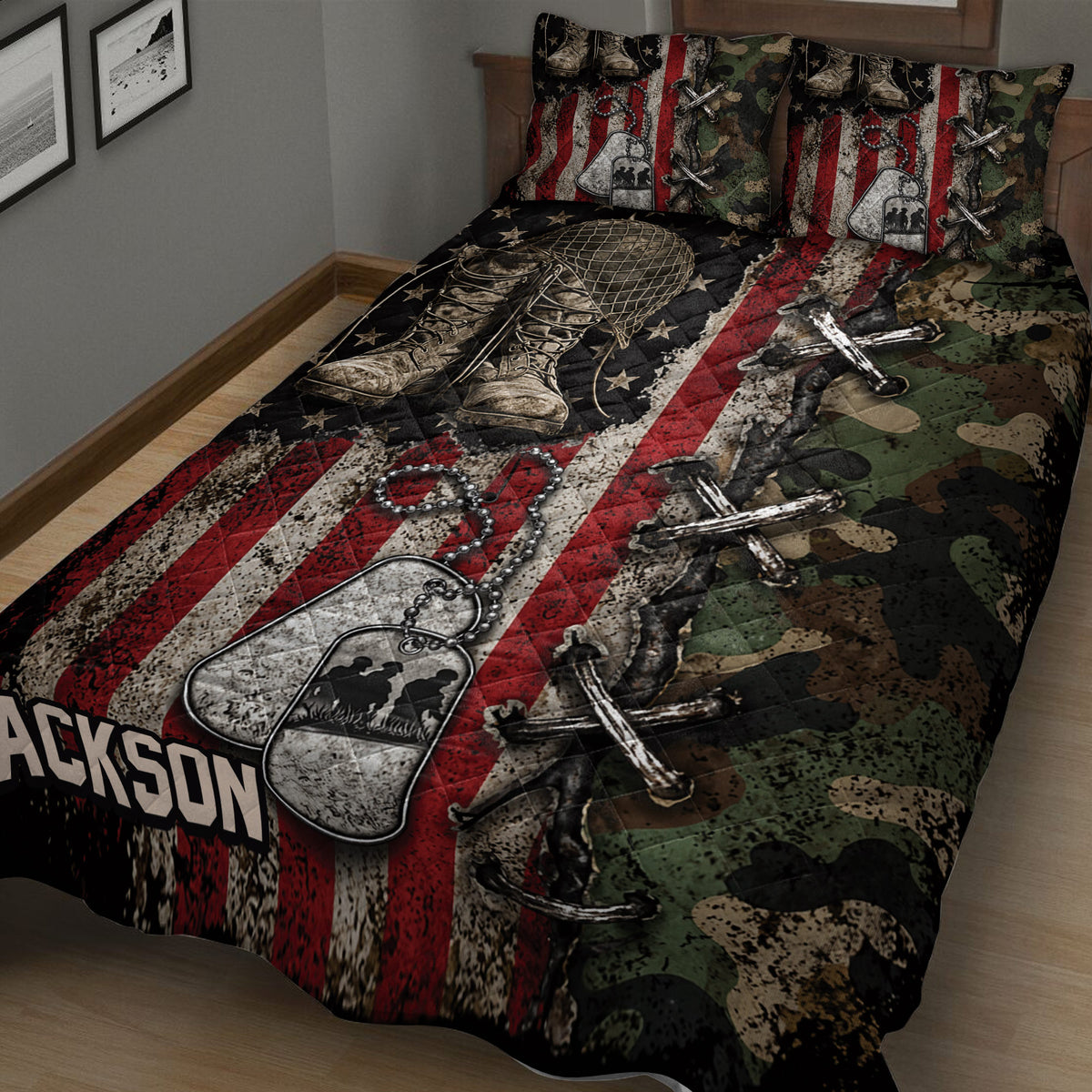 Military veteran quilt spread across a bed with combat boots, dog tags, crossed rifles and camouflage artwork