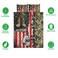 Veteran quilt bedding artwork shown with military graphics, camouflage, flag stripes, and feature icons