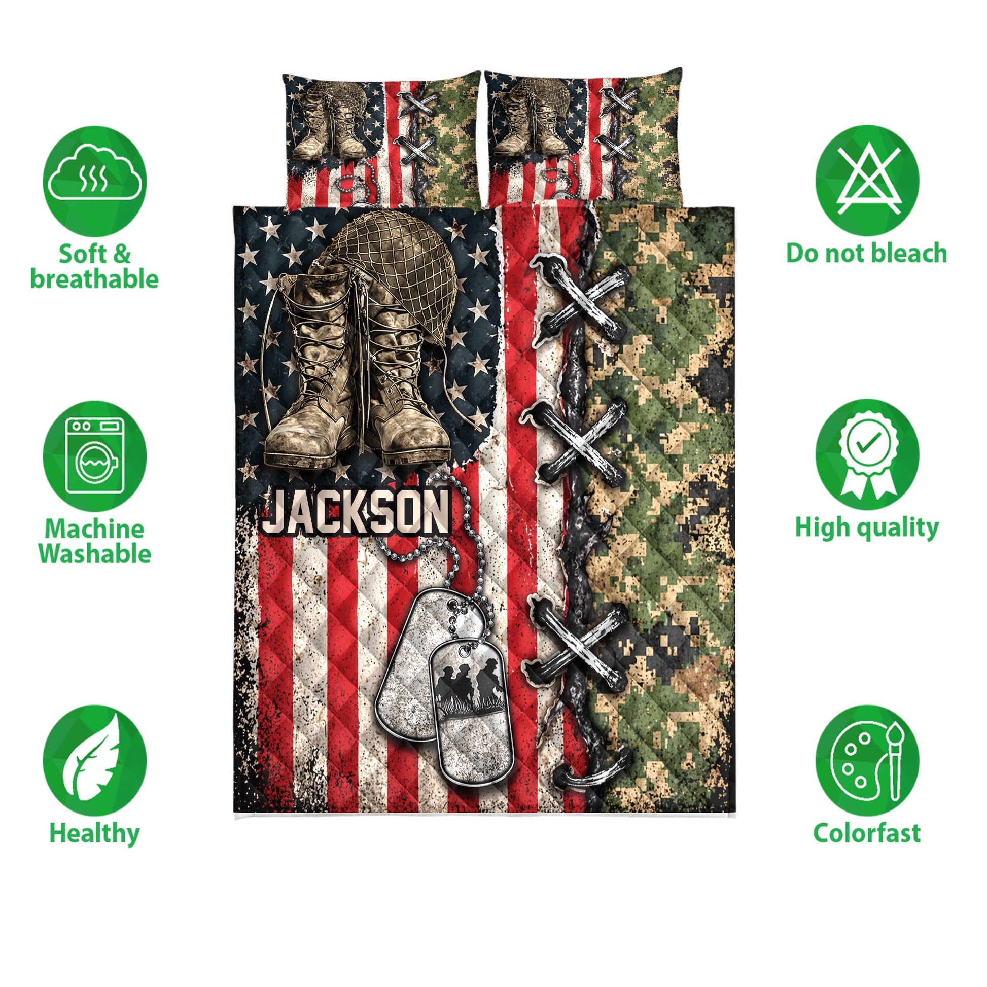 Veteran quilt bedding artwork shown with military graphics, camouflage, flag stripes, and feature icons