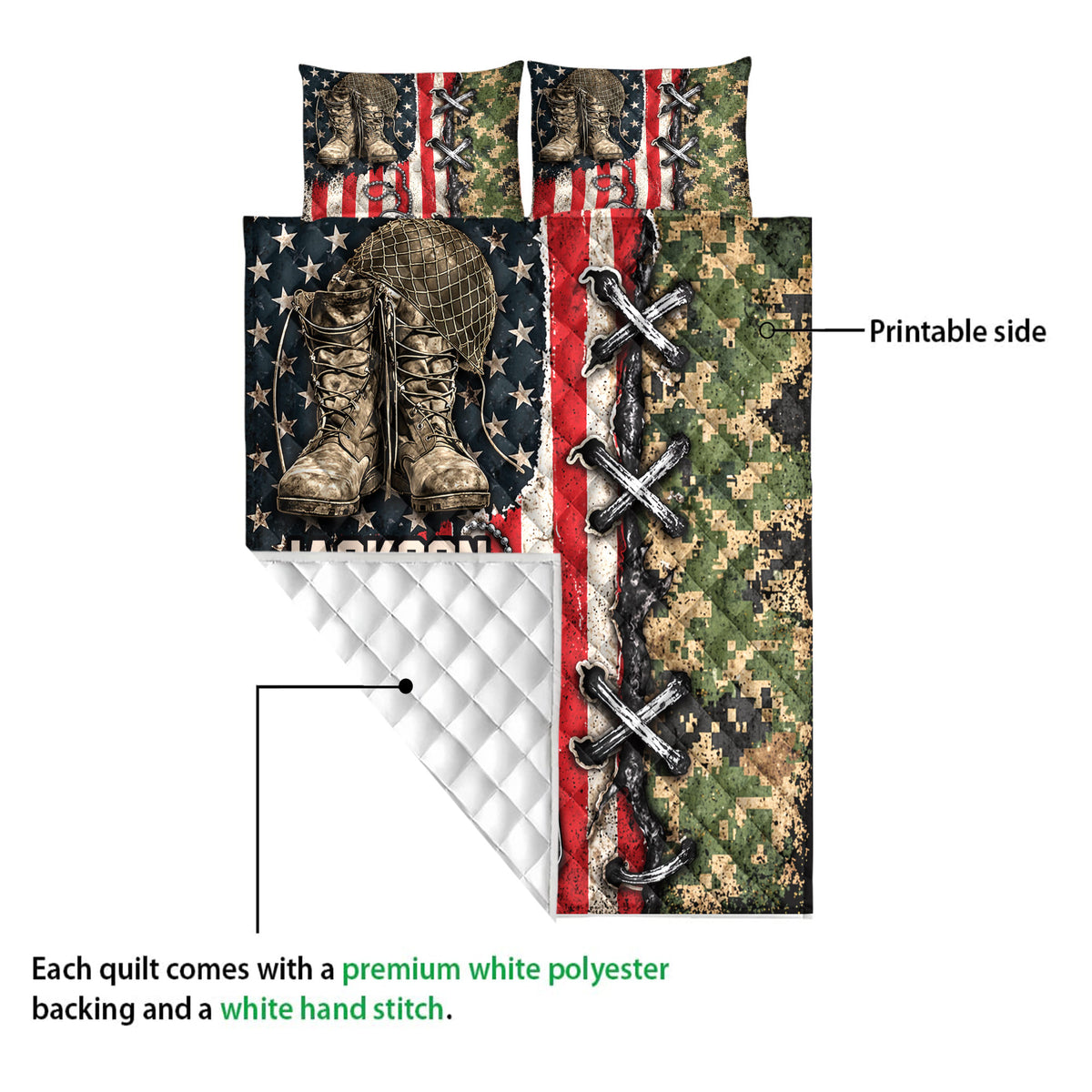 Close view of veteran quilt blanket showing printed military artwork and white quilted backing